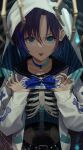  1girl :p asakura_tooru bangs belt black_belt black_nails black_sailor_collar blue_bow blue_bowtie blue_choker blue_eyes blurry blurry_foreground bone bow bowtie choker clothes_lift commentary_request ear_piercing eyebrows_visible_through_hair hair_between_eyes hands_up hood hood_up hooded_jacket idolmaster idolmaster_shiny_colors jacket lifted_by_self looking_at_viewer nail_polish noeru open_clothes open_jacket piercing plaid plaid_bow plaid_bowtie purple_hair sailor_collar shirt_lift short_hair skeleton solo tongue tongue_out upper_body white_jacket 