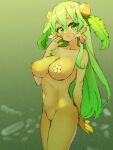  1girl breasts cowboy_shot flower green_background green_eyes green_hair hair_ornament large_breasts leaf_hair_ornament monster_girl nijitama_shiyushiyu nude original plant_girl solo 