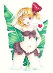  1girl ass_visible_through_thighs bare_shoulders bikini black_bikini blonde_hair breasts cleavage collarbone contrapposto cowboy_shot hair_ribbon hand_on_hip heart midriff navel nemonadi one_eye_closed red_eyes red_ribbon ribbon rumia short_hair simple_background stomach swimsuit tongue tongue_out touhou traditional_media v 
