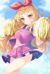  1girl alternate_costume azur_lane belly blonde_hair blush bow cheerleader commentary_request commission hair_bow highres jenkins_(azur_lane) long_hair looking_at_viewer miyanome navel pom_pom_(cheerleading) skeb_commission sky solo yellow_eyes 