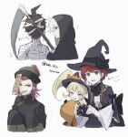  2girls 3boys ? asuna_(doruru-mon) bandages bangs black_bow black_bowtie black_dress black_headwear blush_stickers bow bowtie brown_hair camera cosplay cropped_torso danganronpa_(series) danganronpa_2:_goodbye_despair death_(entity) dress facing_away grim_reaper grim_reaper_(cosplay) hat hinata_hajime holding holding_camera holding_scythe hood hood_up jiangshi koizumi_mahiru komaeda_nagito long_sleeves looking_back multiple_boys multiple_girls mummy_costume ofuda red_hair saionji_hiyoko scythe sharp_teeth short_hair simple_background sketch smile souda_kazuichi teeth tongue tongue_out translation_request twintails white_background witch_hat 