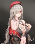  1girl :o bare_shoulders beret black_tank_top blush braid breasts cleavage collarbone eyebrows_visible_through_hair g36c_(girls&#039;_frontline) girls&#039;_frontline grey_background grey_hair hair_between_eyes hair_over_one_eye hand_on_breast hat highres jacket jacket_pull jewelry lithographica long_hair looking_at_viewer medallion medium_breasts mod3_(girls&#039;_frontline) multicolored_clothes multicolored_jacket nail_polish navel necklace open_mouth red_eyes red_headwear solo tank_top upper_body white_nails 