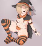  1girl absurdres aki_(sangetusei) bikini black_headwear blonde_hair breasts cape curvy hair_over_one_eye halloween hat highres idolmaster idolmaster_cinderella_girls looking_at_viewer open_mouth red_eyes shadow shirasaka_koume short_hair simple_background sitting small_breasts socks solo striped striped_legwear sweatdrop swimsuit thick_thighs thighhighs thighs witch_hat 