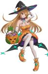  1girl absurdres blonde_hair bow bowtie breasts candy chest_jewel commentary_request detached_collar dress eyebrows_visible_through_hair food full_body gonzarez halloween halloween_bucket halloween_costume hand_on_headwear hat hat_ornament highres large_breasts long_hair mythra_(xenoblade) nopon orange_dress orange_eyes orange_footwear pantyhose pumpkin pumpkin_hat_ornament smile solo spaghetti_strap teeth trick-or-treating v-shaped_eyebrows very_long_hair white_legwear witch_hat xenoblade_chronicles_(series) xenoblade_chronicles_2 