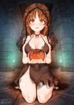  1girl aquaegg barefoot black_dress black_neckwear blush breasts brown_eyes brown_hair choker cleavage collarbone commentary_request covered_navel dress eyebrows_visible_through_hair girls_und_panzer halloween halloween_costume highres indoors jack-o&#039;-lantern large_breasts looking_at_viewer nishizumi_miho no_panties open_mouth pumpkin shiny shiny_hair short_hair sitting smile solo veil 