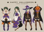  4girls alternate_costume ascot bangs black_legwear blazer brown_jacket brown_legwear brown_skirt cloak dress frilled_skirt frills green_eyes green_hair gundam gundam_hathaway&#039;s_flash hair_ornament hairclip halloween halloween_costume hat jack-o&#039;-lantern jacket kantai_collection kumano_(kancolle) long_hair meme mikuma_(kancolle) mogami_(kancolle) multiple_girls nao_(nao_eg) pleated_skirt pumpkin_dance_(meme) purple_cloak purple_headwear remodel_(kantai_collection) school_uniform short_hair skirt suzuya_(kancolle) swept_bangs thighhighs witch_hat 