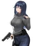  1girl absurdres belt blue_eyes blue_hair commentary_request gun h&amp;k_mark_23 handgun highres holding holding_gun holding_weapon holster long_hair looking_back magazine_(weapon) original pants pistol pocket shiroyama_soh solo sweater trigger_discipline weapon white_background 