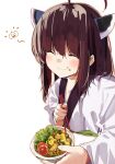  1girl ^_^ ahoge bangs blush brown_hair chopsticks closed_eyes closed_mouth commentary eyebrows_visible_through_hair food food_on_face hair_between_eyes headgear holding holding_chopsticks holding_plate japanese_clothes kimono lamb_(hitsujiniku) long_sleeves plate simple_background solo touhoku_kiritan voiceroid white_background white_kimono wide_sleeves 