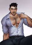  1boy abs_peek bara beard bulge chest_hair clothes_pull dark-skinned_male dark_skin denim erection erection_under_clothes facial_hair highres jeans large_pectorals looking_at_viewer male_focus muscular muscular_male mustache original pants partially_unbuttoned pectoral_cleavage pectorals purple_shirt realistic seupil_hyugo_(spirohugo) shirt shirt_pull short_hair solo thick_eyebrows 