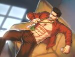  1boy abs absurdres bara bare_pectorals beard brown_pants bulge chest_hair couch dobito_mn facial_hair feet_out_of_frame from_above highres large_pectorals looking_at_viewer loose_necktie male_focus mature_male multicolored_hair muscular muscular_male navel navel_hair necktie necktie_grab neckwear_grab no_nipples old old_man on_couch open_clothes open_shirt original pants pectorals red_shirt shadow shirt short_hair solo stomach two-tone_hair undressing wrinkled_skin 