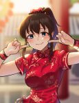  1girl bangs blue_eyes blurry blurry_background brown_hair china_dress chinese_clothes closed_mouth commentary depth_of_field dress eyebrows_visible_through_hair hair_ribbon high_collar idolmaster kamille_(vcx68) looking_at_viewer medium_hair pointing pointing_at_self ponytail print_dress red_dress red_ribbon ribbon satake_minako short_sleeves sidelocks smile solo upper_body wrist_cuffs 