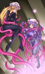  2girls belt blonde_hair blue_ribbon bodysuit commission commissioner_upload crescent crescent_hat_ornament hair_ribbon hat hat_ornament hat_ribbon highres injuotoko long_hair mob_cap multiple_girls patchouli_knowledge purple_eyes purple_hair red_ribbon ribbon struggling tentacle_grab tentacles totally_spies touhou yakumo_yukari 