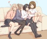  4girls :d ;d absurdres arm_grab arrow_(symbol) bangs betock black_hair black_legwear black_skirt blonde_hair bob_cut breasts brown_hair buttons closed_eyes commentary couch drooling eyebrows_visible_through_hair girl_sandwich hand_on_knees harem highres incest knees_to_chest knees_up leaning_on_person long_hair long_sleeves medium_hair monochrome multiple_girls no_shoes one_eye_closed open_mouth original pantyhose ponytail sandwiched school_uniform serafuku shirt siblings sisters sitting skirt sleeping sleeping_on_person small_breasts smile socks sweatdrop sweater thighhighs uniform white_shirt yuri zettai_ryouiki 