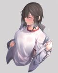  1girl black_hair breasts grey_eyes gym_shirt hayasui_(kancolle) highres jacket kantai_collection knt02142769 large_breasts long_sleeves medium_hair open_clothes open_jacket shirt short_sleeves solo sweat track_jacket upper_body white_jacket white_shirt 