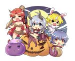  &gt;_&lt; 5girls :d :x =_= ahoge alternate_costume animal_costume animal_ears bangs bat_wings blonde_hair blue_eyes blue_ribbon blush braid breasts bunny_costume cleavage club_(weapon) collarbone colonel_aki crescent crescent_hat_ornament crystal demon_girl demon_horns demon_tail demon_wings english_commentary flandre_scarlet green_ribbon hair_ribbon halloween halloween_costume hat hat_ornament hat_ribbon high_heels holding holding_polearm holding_weapon hong_meiling horns izayoi_sakuya jack-o&#039;-lantern kneehighs large_breasts long_hair mob_cap multiple_girls navel oni_costume patchouli_knowledge paw_print_palms polearm purple_eyes purple_hair rabbit_ears rabbit_tail red_eyes red_hair red_ribbon remilia_scarlet ribbon sharp_teeth short_hair siblings silver_hair simple_background single_horn sisters sitting smile snake standing stomach tail teeth touhou tress_ribbon trident twin_braids upper_teeth vampire_costume weapon white_background wings xd 