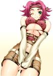  ;) bandages bandaid bandaid_on_face bare_shoulders blue_eyes blush breast_squeeze breasts code_geass covered_nipples cowboy_shot gradient gradient_background kallen_stadtfeld large_breasts one_eye_closed pink_hair red_hair shiruko short_hair simple_background sleeveless sleeveless_turtleneck smile smirk solo torn_clothes turtleneck underboob v_arms 