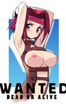 angry armpits arms_behind_head arms_up blue_eyes blush breasts breasts_outside center_opening code_geass embarrassed english frown gradient gradient_background headband kallen_stadtfeld large_breasts looking_at_viewer midriff nipples no_bra puffy_nipples red_hair short_hair sikorsky sketch solo upper_body 