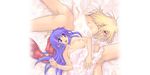  :d ass bed_sheet blonde_hair bow breasts character_request collarbone from_above green_eyes hair_bow large_breasts long_hair lying morii_shizuki multiple_girls nipples no_pussy nude on_back on_stomach open_mouth profile purple_eyes purple_hair ragnarok_online red_bow short_hair smile teeth thighs 