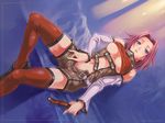  blue_eyes breasts code_geass holding kallen_stadtfeld large_breasts long_sleeves lying maruto! navel on_back open_fly pink_hair pubic_hair red_hair red_legwear short_hair sleeveless sleeveless_turtleneck solo thighhighs turtleneck underboob undressing unzipped 