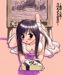  1girl 2ch barefoot black_hair blush breasts cleavage downblouse erect_nipples feet gift hair_over_one_eye heart holding holding_gift incoming_gift parody sadako shadow solo television the_ring through_screen translated translation_request yamamura_sadako 