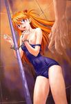  1girl bare_shoulders bdsm blue_eyes blush bondage bound breast_slip breasts cuffs hair_ornament handcuffs hetero imminent_rape izurumi long_hair neon_genesis_evangelion nipples one-piece_swimsuit one_breast_out open_mouth orange_hair pole school_swimsuit small_breasts solo_focus souryuu_asuka_langley strap_slip swimsuit swimsuit_pull undressing 