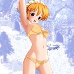  armpits blush bra gloves hairband kafra kazuma_muramasa lace lace-trimmed_bra lace-trimmed_panties lingerie lowleg lowleg_panties navel open_mouth orange_hair panties ragnarok_online solo standing stomach underwear underwear_only yellow_eyes yellow_panties 