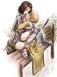  1girl acolyte armor artist_request bench brown_eyes brown_hair clothed_sex hetero kiss knight knight_(ragnarok_online) long_sleeves outdoors public ragnarok_online sex vaginal weapon 