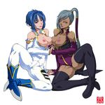  blue_eyes blue_hair boots breast_press breasts code_geass crossover dark_skin elbow_gloves gloves holding_hands interlocked_fingers large_breasts lipstick long_hair makeup multiple_girls nipples open_clothes open_shirt ponytail shirt short_hair silver_hair sitting sonobe_kazuaki spread_legs super_robot_wars symmetrical_docking thighhighs viletta_badam villetta_nu yellow_eyes 