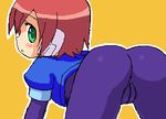  aile all_fours anus artist_request ass bent_over blush cameltoe from_behind green_eyes looking_back lowres oekaki red_hair robot rockman rockman_zx short_hair solo spandex 