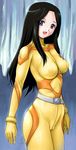  areolae belt black_hair blue_eyes bodysuit breasts cameltoe covered_nipples large_breasts long_hair misha_miramond see-through sheer_bodysuit skin_tight solo transformers transformers_superlink yellow_bodysuit zundarepon 