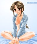  1girl barefoot bed blush breasts brown_eyes brown_hair feet holly holly_(monster_farm) long_hair monster_farm monster_rancher nipple_slip nipples no_bra no_panties open_clothes open_shirt shirt smile solo 