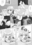  1girl barefoot c.c. code_geass comic feet food fruit greyscale hetero jeremiah_gottwald lelouch_lamperouge lunch_(lunch3) monochrome oral orange pantyhose partially_translated penis straitjacket translation_request 