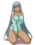  bandages bare_shoulders barefoot blush bottomless clothes_tug code_geass dark_skin long_hair matatabi_(2ccp) naked_sweater silver_hair solo sweater sweater_tug villetta_nu yellow_eyes 