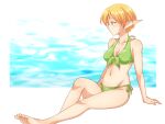  1girl bare_shoulders barefoot bikini border breasts collarbone commentary_request gensou_suikoden gensou_suikoden_iv green_bikini green_eyes ham_pon highres medium_breasts ocean orange_hair paula_(suikoden) pointy_ears short_hair side-tie_bikini solo swimsuit water white_border 