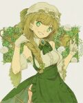  1girl apron bangs blonde_hair braid breasts brooch clover clover-shaped_pupils clover_hair_ornament dandelion detached_sleeves eyebrows_visible_through_hair flower four-leaf_clover fujie-yz gloves green_apron green_eyes green_headwear grin hair_ornament hair_over_shoulder hat highres jewelry long_hair looking_at_viewer medium_breasts mob_cap original shirt single_braid smile solo thighhighs watering_can white_flower white_gloves white_headwear white_legwear white_shirt 