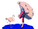  1boy bird blonde_hair clenched_teeth coat coat_on_shoulders donquixote_doflamingo flamingo fur_coat grin leg_up namesake obobkkp one_piece short_hair smile standing standing_on_liquid sunglasses teeth 