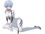  1girl arm_support ayami_(user_gywv2483) ayanami_rei blue_hair bodysuit breasts closed_mouth commentary_request covered_collarbone full_body highres interface_headset looking_at_viewer medium_breasts neon_genesis_evangelion plugsuit red_eyes short_hair simple_background sitting skin_tight smile solo white_background white_bodysuit 