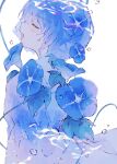  1girl blue_flower blue_hair blue_theme bubble closed_eyes flower hair_between_eyes highres morning_glory original short_hair warabimoti_yoz white_background 