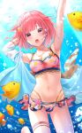  1girl bikini blush breasts eyebrows_visible_through_hair highres looking_at_viewer navel omurais_kcp ootori_emu open_mouth pink_eyes pink_hair project_sekai purple_eyes short_hair solo swimsuit 