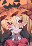  1girl absurdres black_gloves blonde_hair flandre_scarlet gloves grin hair_between_eyes halloween halloween_costume hat highres long_hair looking_at_viewer mob_cap one_side_up orange_headwear pointy_ears portrait red_eyes smile solo stitched_neck stitches touhou tsune_(tune) 