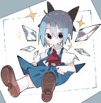  1girl ahoge ascot bangs blue_bow blue_dress blue_eyes blue_hair blue_skirt blue_vest blush bow brown_footwear cirno collared_shirt commentary_request dress fairy full_body hair_between_eyes hair_bow highres ice ice_wings loafers looking_at_viewer nacht_musik pointy_ears red_ascot shirt shoes short_hair sidelocks sitting skirt socks soles solo sparkle touhou vest white_legwear white_shirt wing_collar wings 