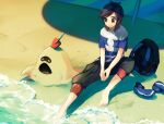  1boy andkyuryuu backpack backpack_removed bad_id bad_twitter_id bag bangs barefoot beach beach_umbrella black_bag black_hair capri_pants commentary_request elio_(pokemon) highres looking_to_the_side male_focus medium_hair pants pokemon pokemon_(creature) pokemon_(game) pokemon_sm sand sandygast shadow shirt shoes shoes_removed short_sleeves sitting smile striped striped_shirt t-shirt toes umbrella water 