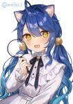  1girl ahoge alpha_transparency amamiya_kokoro animal_ear_fluff animal_ears bangs bell belt black_ribbon blue_hair braid cat_ears collared_dress commentary_request diamond-shaped_pupils diamond_(shape) dress fang gradient_hair hair_bell hair_intakes hair_ornament holding holding_magnifying_glass long_hair long_sleeves magnifying_glass meibi_1 multicolored_hair neck_bell neck_ribbon nijisanji open_mouth ribbon skin_fang solo symbol-shaped_pupils transparent_background twitter_username upper_body virtual_youtuber white_dress 