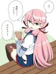  1girl akashi_(kancolle) black_legwear blue_skirt cup eyebrows_visible_through_hair green_eyes hair_between_eyes hair_ribbon highres hip_vent holding holding_cup kantai_collection layered_sleeves long_hair long_sleeves open_mouth pink_hair pleated_skirt red_ribbon ribbon school_uniform serafuku short_over_long_sleeves short_sleeves sitting skirt solo speech_bubble thighhighs translated tress_ribbon tsusshi 