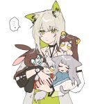  5girls amiya_(arknights) animal_ears arknights baby_carry bangs blue_eyes brown_hair carrying cat_ears cat_girl cat_tail closed_eyes closed_mouth drooling eyebrows_visible_through_hair flower folinic_(arknights) green_eyes hair_flower hair_ornament jewelry kal&#039;tsit_(arknights) kawaii_inu5 long_hair low_ponytail multiple_girls one_eye_closed pacifier projekt_red_(arknights) rabbit_ears rabbit_girl ring rosmontis_(arknights) saliva short_hair silver_hair tail tongue tongue_out watch wolf_ears wolf_girl wolf_tail wristwatch yellow_eyes younger 