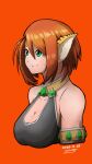  1girl animal_ears breasts breath_of_fire breath_of_fire_ii bustier cleavage closed_mouth furry furry_female green_eyes hi-3 highres jewelry orange_hair pointy_ears rinpoo_chuan short_hair simple_background smile solo 