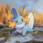  brown_eyes closed_mouth commentary day english_commentary looking_to_the_side mud mudkip no_humans outdoors pokemon pokemon_(creature) rileykitty signature sky smile solo water wetland 