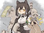  1girl animal_ears animal_hands arknights brown_eyes brown_hair dandelion flower freckles highres konno_akikaze looking_at_animal low_ponytail raccoon raccoon_ears raccoon_girl robin_(arknights) sleeping twitter_username zzz 