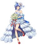  1girl antenna_hair asymmetrical_hair bangs bare_shoulders blue_eyes blue_hair bouquet closed_mouth crescent crescent_hair_ornament detached_sleeves dress earrings flower hair_ornament high_heels jewelry looking_at_viewer mzkk_1826 pointy_ears rena_lanford short_hair simple_background smile solo star_ocean star_ocean_anamnesis star_ocean_the_second_story wedding_dress white_background white_dress 