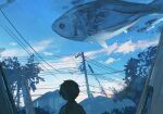  1boy blue_sky cable city cloud day fish flying_fish highres house original outdoors scenery sky surreal tree warabimoti_yoz 